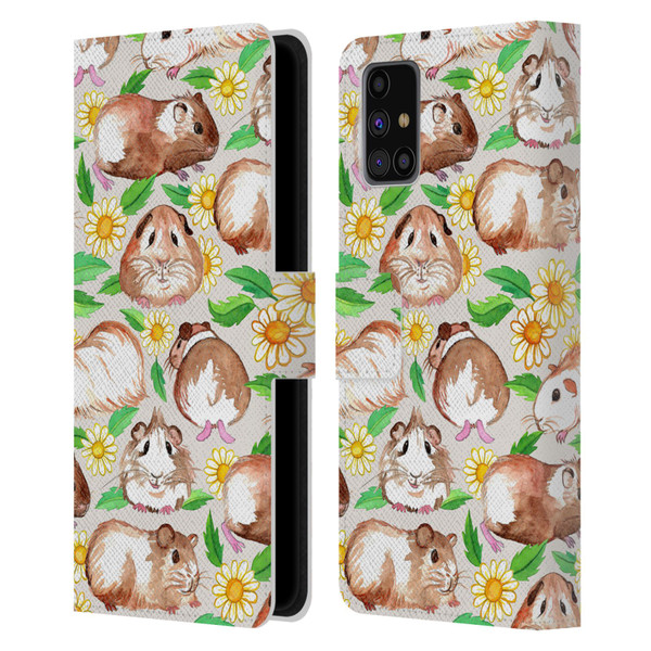 Micklyn Le Feuvre Patterns 2 Guinea Pigs And Daisies In Watercolour On Tan Leather Book Wallet Case Cover For Samsung Galaxy M31s (2020)