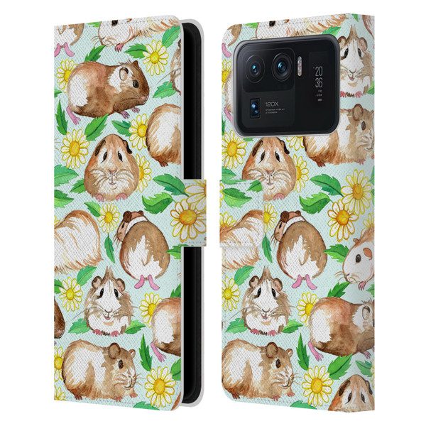 Micklyn Le Feuvre Patterns 2 Guinea Pigs And Daisies In Watercolour On Mint Leather Book Wallet Case Cover For Xiaomi Mi 11 Ultra