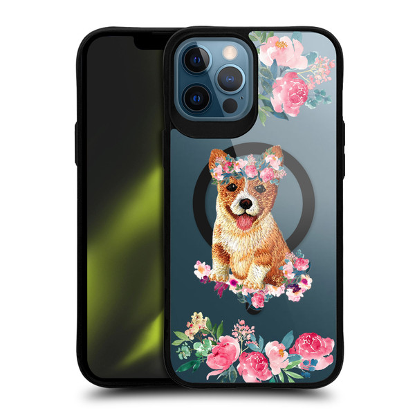 Monika Strigel Flower Collection Corgi BLACK SHOCKPROOF BUMPER CASE COMPATIBLE WITH Apple iPhone 12 Pro Max & MAGSAFE