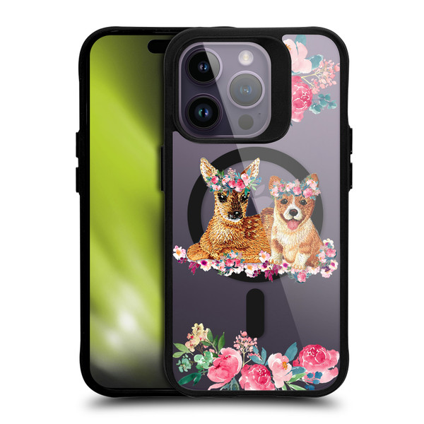 Monika Strigel Flower Collection Fawn & Corgi BLACK SHOCKPROOF BUMPER CASE COMPATIBLE WITH Apple iPhone 14 Pro & MAGSAFE