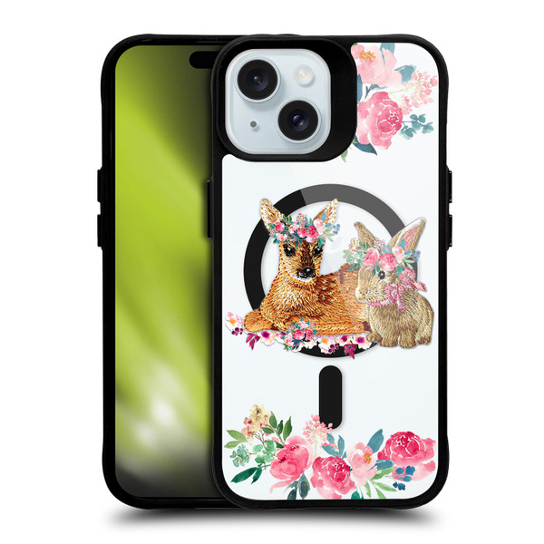 Monika Strigel Flower Collection Fawn & Bunny BLACK SHOCKPROOF BUMPER CASE COMPATIBLE WITH Apple iPhone 15 & MAGSAFE