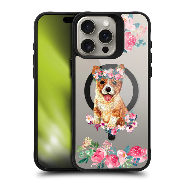 Monika Strigel Flower Collection Corgi BLACK SHOCKPROOF BUMPER CASE COMPATIBLE WITH Apple iPhone 15 Pro Max & MAGSAFE