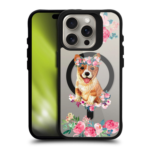 Monika Strigel Flower Collection Corgi BLACK SHOCKPROOF BUMPER CASE COMPATIBLE WITH Apple iPhone 15 Pro & MAGSAFE