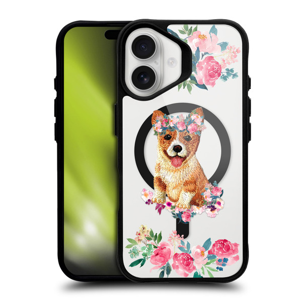 Monika Strigel Flower Collection Corgi BLACK SHOCKPROOF BUMPER CASE COMPATIBLE WITH Apple iPhone 16 & MAGSAFE