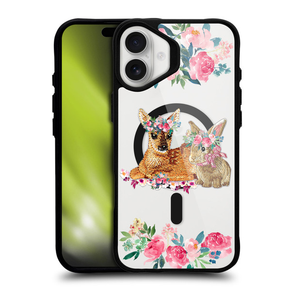 Monika Strigel Flower Collection Fawn & Bunny BLACK SHOCKPROOF BUMPER CASE COMPATIBLE WITH Apple iPhone 16 Plus & MAGSAFE