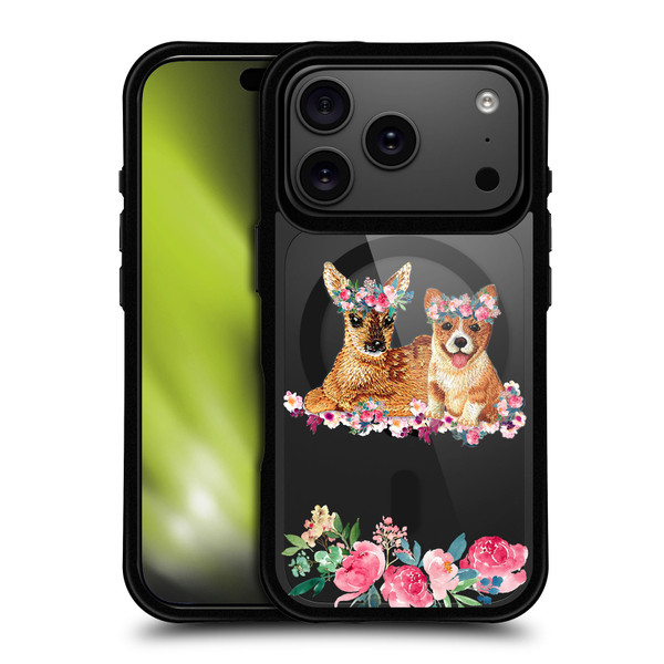 Monika Strigel Flower Collection Fawn & Corgi BLACK SHOCKPROOF BUMPER CASE COMPATIBLE WITH Apple iPhone 17 Pro & MAGSAFE