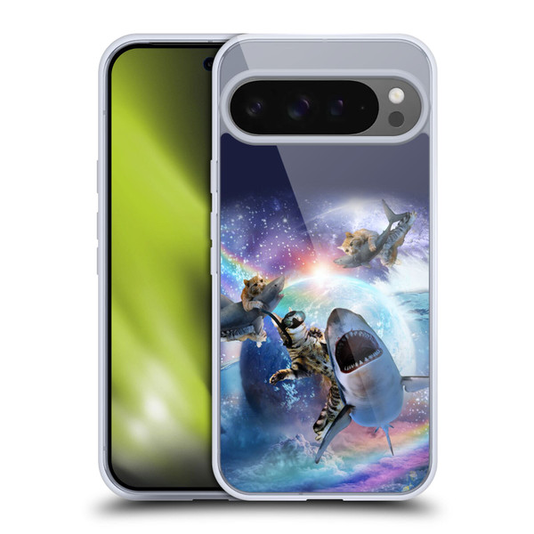 Random Galaxy Animals Space Cat Riding Shark Soft Gel Case for Google Pixel 9 Pro XL