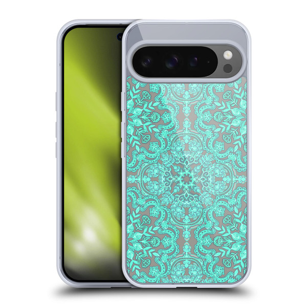 Micklyn Le Feuvre Floral Patterns Mint Green And Grey Soft Gel Case for Google Pixel 9 Pro XL
