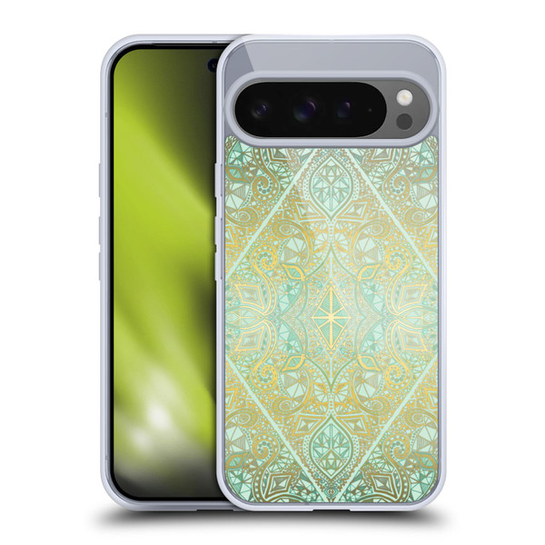 Micklyn Le Feuvre Floral Patterns Mint And Gold Soft Gel Case for Google Pixel 9 Pro XL