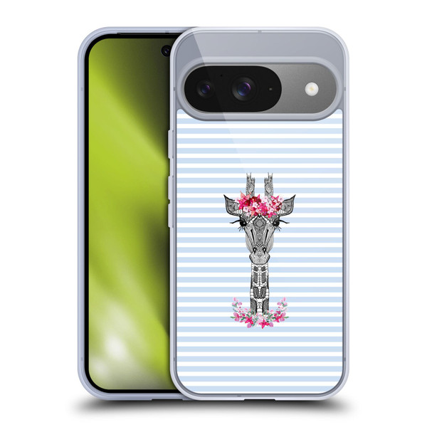 Monika Strigel Flower Giraffe And Stripes Blue Soft Gel Case for Google Pixel 9 / Pixel 9 Pro