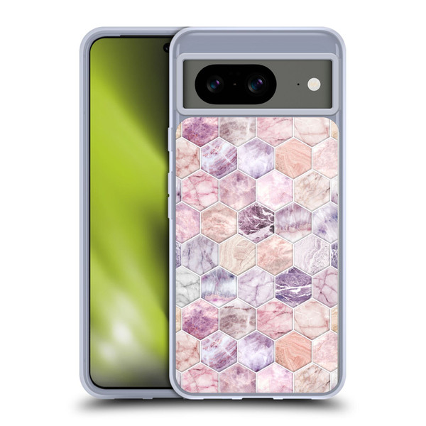 Micklyn Le Feuvre Marble Patterns Rose Quartz And Amethyst Stone And Hexagon Tile Soft Gel Case for Google Pixel 8