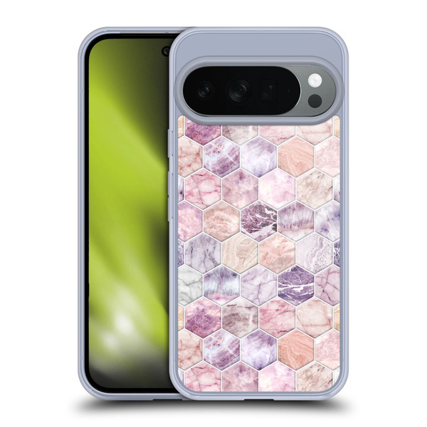 Micklyn Le Feuvre Marble Patterns Rose Quartz And Amethyst Stone And Hexagon Tile Soft Gel Case for Google Pixel 10