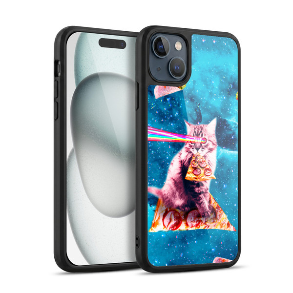 Random Galaxy Space Cat Lazer Eye & Pizza Gel Armour Case For Apple iPhone 15 Plus