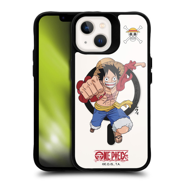 One Piece Graphic Art Luffy Text BLACK SHOCKPROOF BUMPER CASE COMPATIBLE WITH Apple iPhone 13 & MAGSAFE