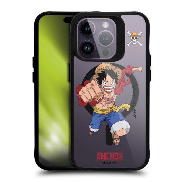 One Piece Graphic Art Luffy Text BLACK SHOCKPROOF BUMPER CASE COMPATIBLE WITH Apple iPhone 14 Pro & MAGSAFE