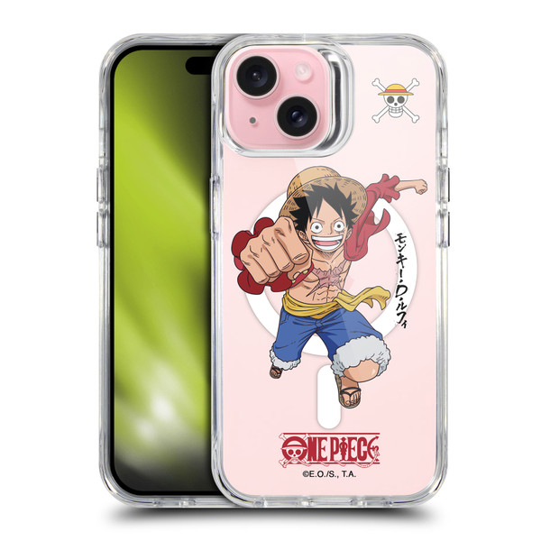 One Piece Graphic Art Luffy Text SHOCKPROOF BUMPER CASE COMPATIBLE WITH Apple iPhone 15 & MAGSAFE