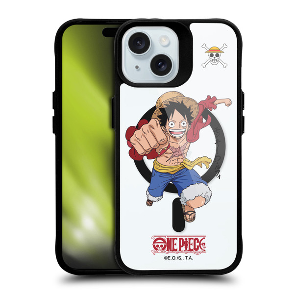 One Piece Graphic Art Luffy Text BLACK SHOCKPROOF BUMPER CASE COMPATIBLE WITH Apple iPhone 15 & MAGSAFE