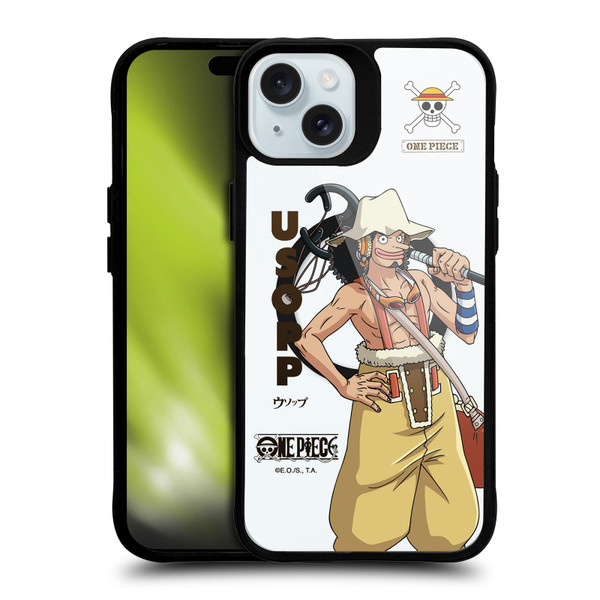 One Piece Graphic Art Usopp Text BLACK SHOCKPROOF BUMPER CASE COMPATIBLE WITH Apple iPhone 15 Plus & MAGSAFE