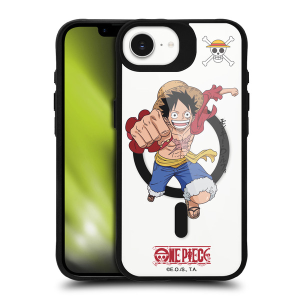 One Piece Graphic Art Luffy Text BLACK SHOCKPROOF BUMPER CASE COMPATIBLE WITH Apple iPhone 16e / Apple iPhone 17e & MAGSAFE