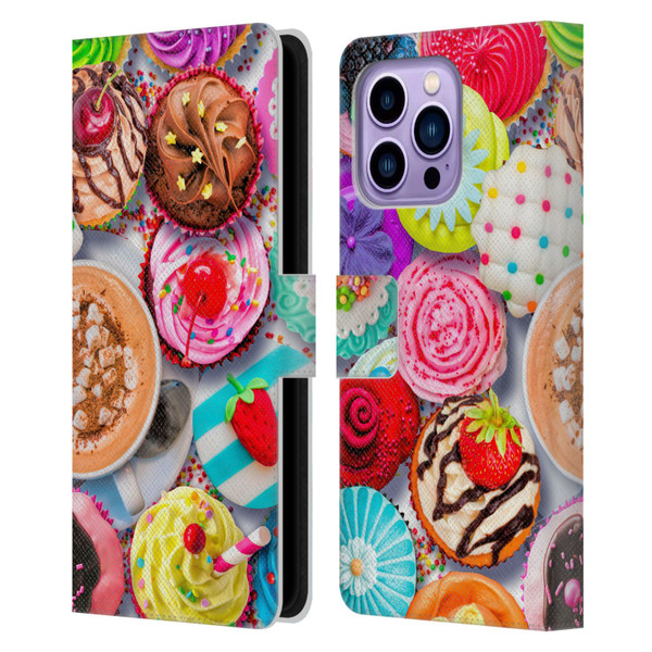 Aimee Stewart Colourful Sweets Cupcakes And Cocoa Leather Book Wallet Case Cover For Apple iPhone 14 Pro Max