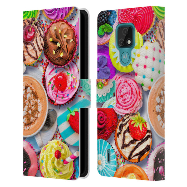 Aimee Stewart Colourful Sweets Cupcakes And Cocoa Leather Book Wallet Case Cover For Motorola Moto E7