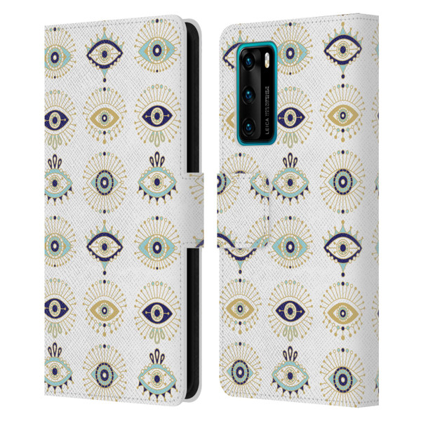 Cat Coquillette Linear White Evil Eyes Pattern Leather Book Wallet Case Cover For Huawei P40 5G