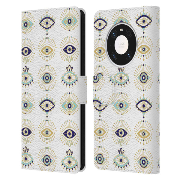 Cat Coquillette Linear White Evil Eyes Pattern Leather Book Wallet Case Cover For Huawei Mate 40 Pro 5G
