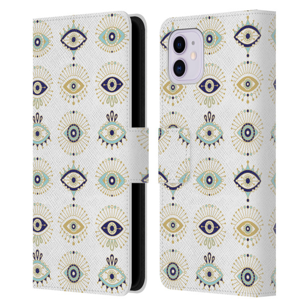 Cat Coquillette Linear White Evil Eyes Pattern Leather Book Wallet Case Cover For Apple iPhone 11