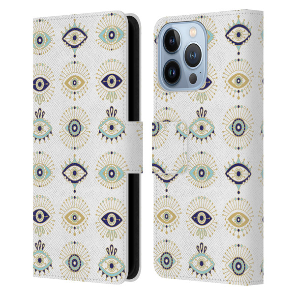 Cat Coquillette Linear White Evil Eyes Pattern Leather Book Wallet Case Cover For Apple iPhone 13 Pro
