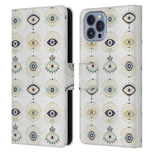 Cat Coquillette Linear White Evil Eyes Pattern Leather Book Wallet Case Cover For Apple iPhone 14