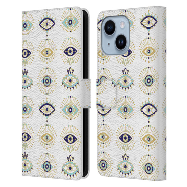 Cat Coquillette Linear White Evil Eyes Pattern Leather Book Wallet Case Cover For Apple iPhone 14 Plus