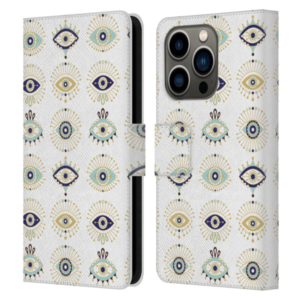 Cat Coquillette Linear White Evil Eyes Pattern Leather Book Wallet Case Cover For Apple iPhone 14 Pro