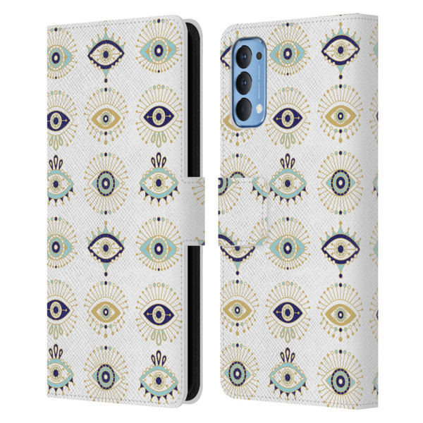 Cat Coquillette Linear White Evil Eyes Pattern Leather Book Wallet Case Cover For OPPO Reno 4 5G