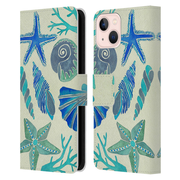 Cat Coquillette Sea Seashells Blue Leather Book Wallet Case Cover For Apple iPhone 13