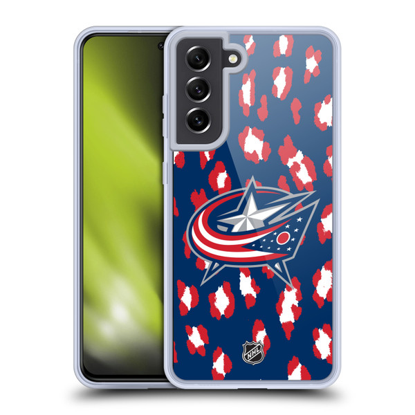 NHL Columbus Blue Jackets Leopard Pattern Soft Gel Case for Samsung Galaxy S21 FE 5G & MagSafe