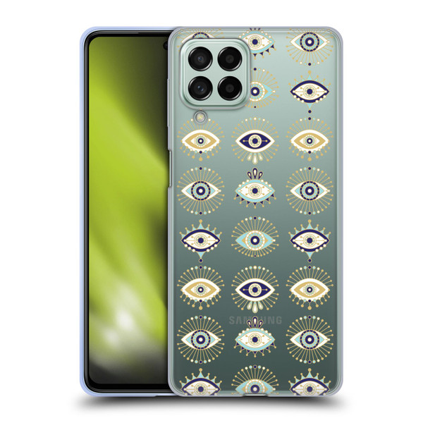 Cat Coquillette Linear White Evil Eyes Pattern Soft Gel Case for Samsung Galaxy M53 (2022)