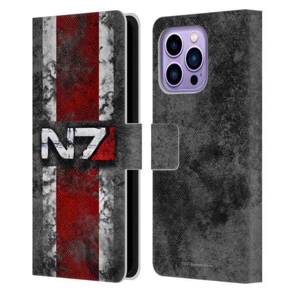 EA Bioware Mass Effect Graphics N7 Logo Distressed Leather Book Wallet Case Cover For Apple iPhone 14 Pro Max