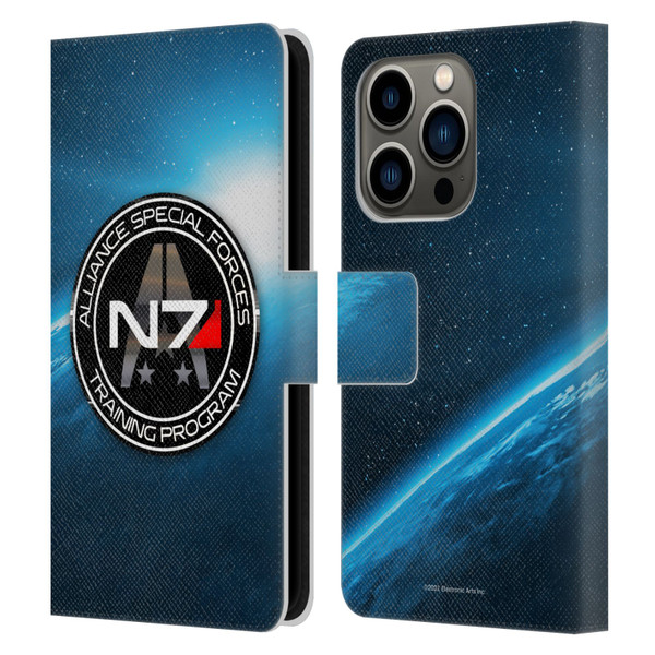 EA Bioware Mass Effect 3 Badges And Logos N7 Training Program Leather Book Wallet Case Cover For Apple iPhone 14 Pro