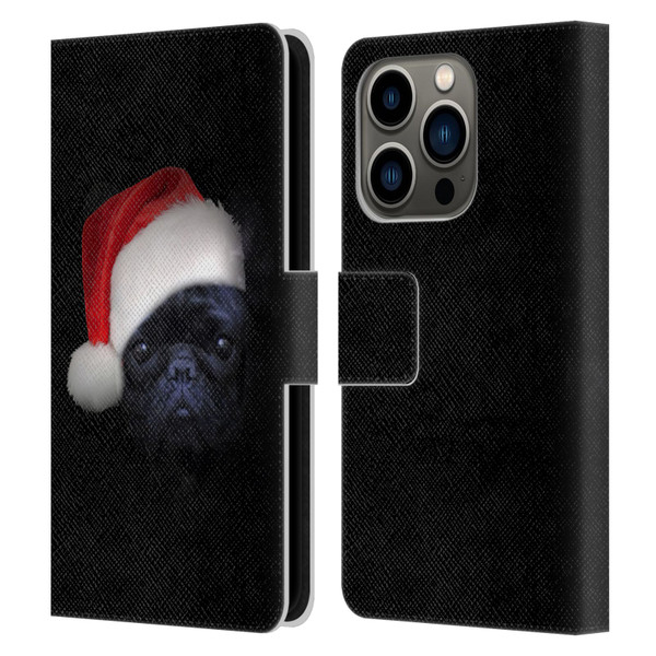 Klaudia Senator French Bulldog 2 Christmas Hat Leather Book Wallet Case Cover For Apple iPhone 14 Pro