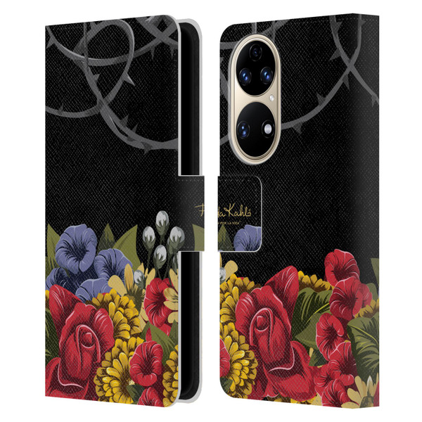 Frida Kahlo Red Florals Efflorescence Leather Book Wallet Case Cover For Huawei P50