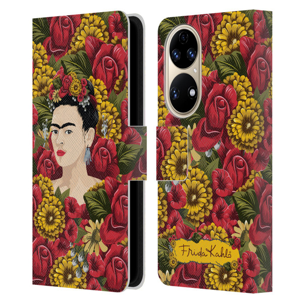 Frida Kahlo Red Florals Portrait Pattern Leather Book Wallet Case Cover For Huawei P50
