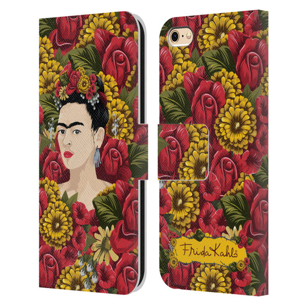 Frida Kahlo Red Florals Portrait Pattern Leather Book Wallet Case Cover For Apple iPhone 6 / iPhone 6s