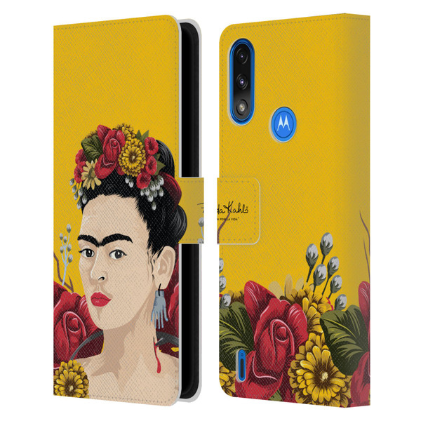 Frida Kahlo Red Florals Portrait Leather Book Wallet Case Cover For Motorola Moto E7 Power / Moto E7i Power
