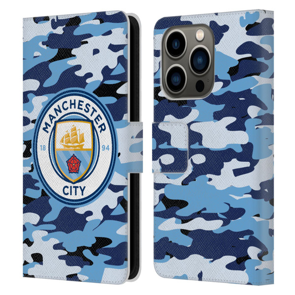 Manchester City Man City FC Badge Camou Blue Moon Leather Book Wallet Case Cover For Apple iPhone 14 Pro