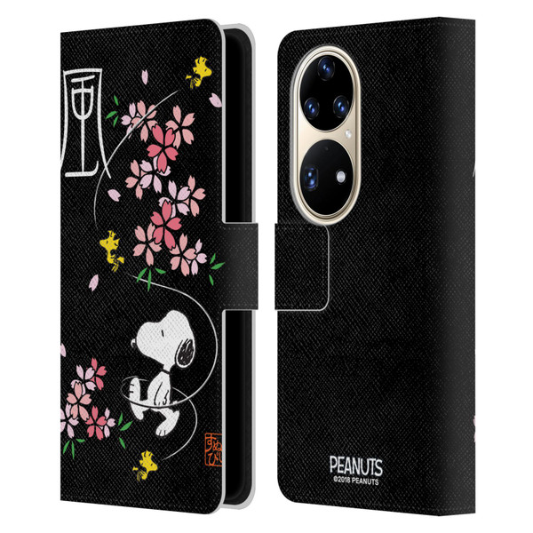 Peanuts Oriental Snoopy Cherry Blossoms Leather Book Wallet Case Cover For Huawei P50 Pro