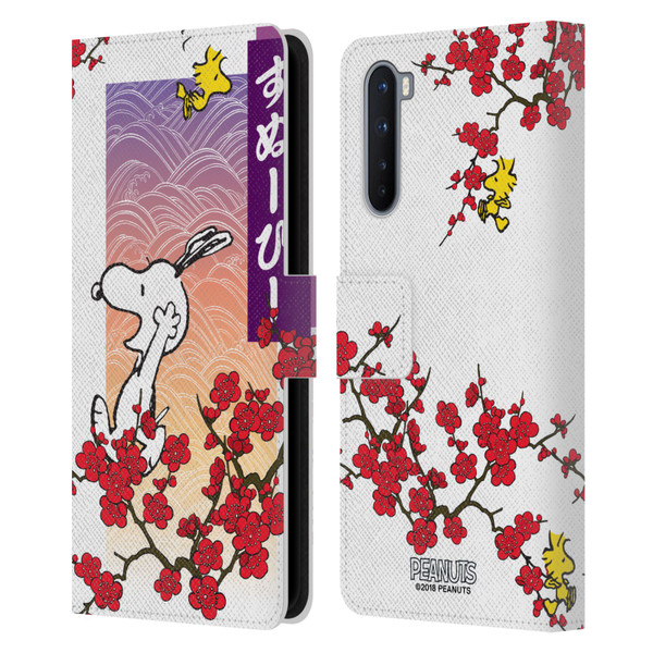 Peanuts Oriental Snoopy Cherry Blossoms 2 Leather Book Wallet Case Cover For OnePlus Nord 5G