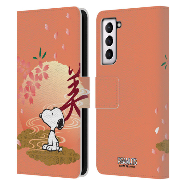 Peanuts Oriental Snoopy Sakura Leather Book Wallet Case Cover For Samsung Galaxy S21 5G