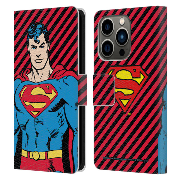 Superman DC Comics Vintage Fashion Stripes Leather Book Wallet Case Cover For Apple iPhone 14 Pro
