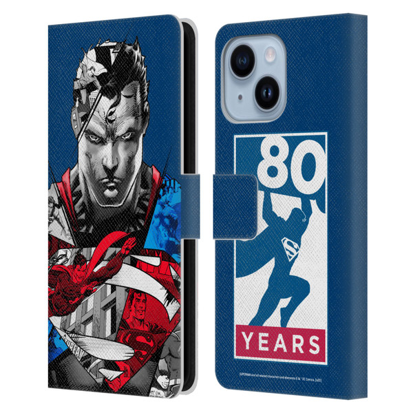 Superman DC Comics 80th Anniversary Collage Leather Book Wallet Case Cover For Apple iPhone 14 Plus