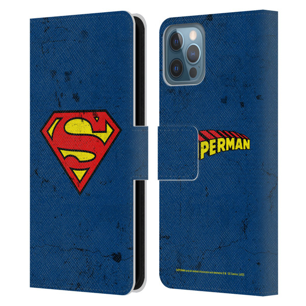 Superman DC Comics Logos Distressed Leather Book Wallet Case Cover For Apple iPhone 12 / iPhone 12 Pro